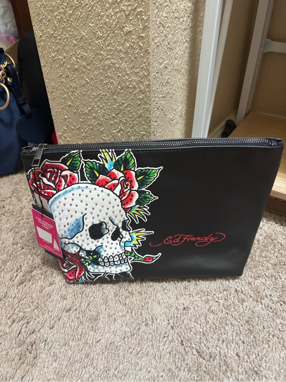 Large Ed Hardy Black Skull & Red Rose Cosmetic Pouch